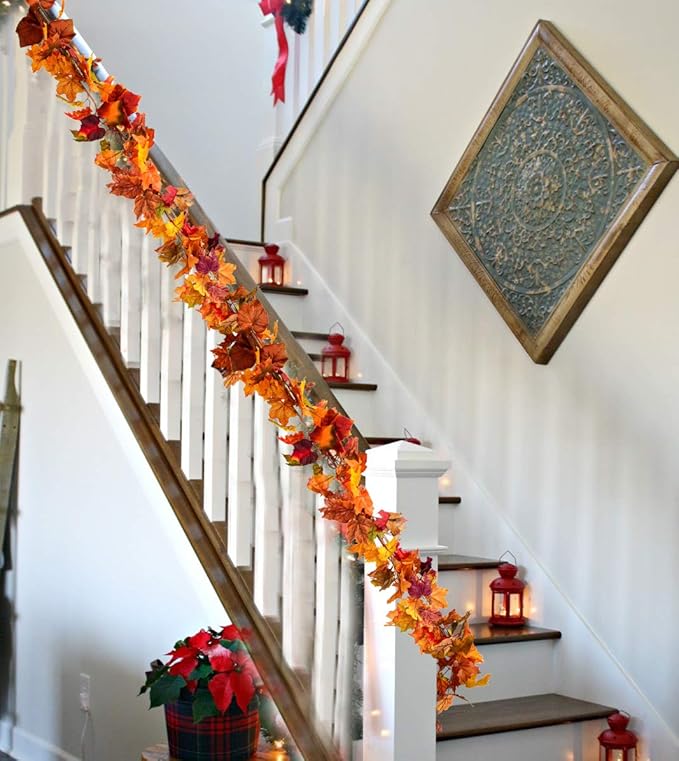 DearHouse 2 Pack Fall Garland Maple Leaf, 5.9Ft/Piece Hanging Vine Garland Artificial Autumn Foliage Garland Thanksgiving Decor for Home Wedding Fireplace Party Christmas (Orange)-Ruum Studio Home