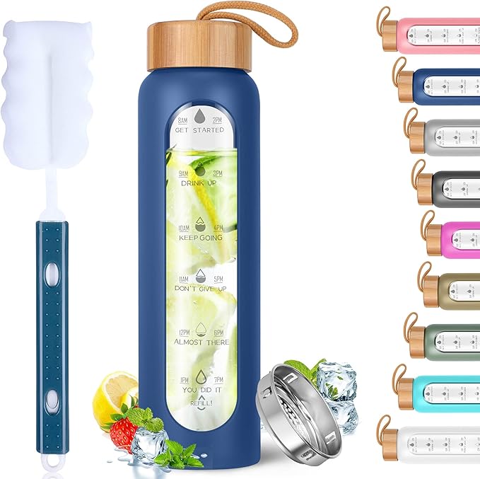 Aqulea Glass Water Bottles 25 Oz with Silicone Sleeve - BPA Free Reusable Wide Mouth Glass Motivational Water Bottles with Fruit Infuser – Leak Proof Borosilicate Water Bottle with Time Marker (Blue)-Ruum Studio Home