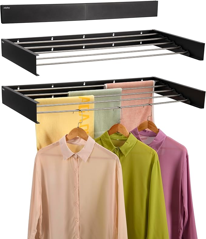 Wall Mounted Laundry Drying Rack, Retractable Clothes Drying Rack for Bathroom with Wall Template, 5 Stainless Rods Heaving 60 lb Capacity (Black, 40")-Ruum Studio Home