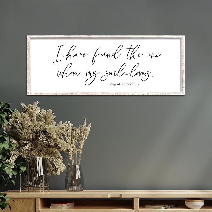 I Have Found The One Whom My Soul Loves Sign Wall Art Decor 40"x15" Modren Master Bedroom Above Bed Wood Framed Song of Solomon 3:4 Large Living Room Bible Verse Wall Hanging (White)-Ruum Studio Home