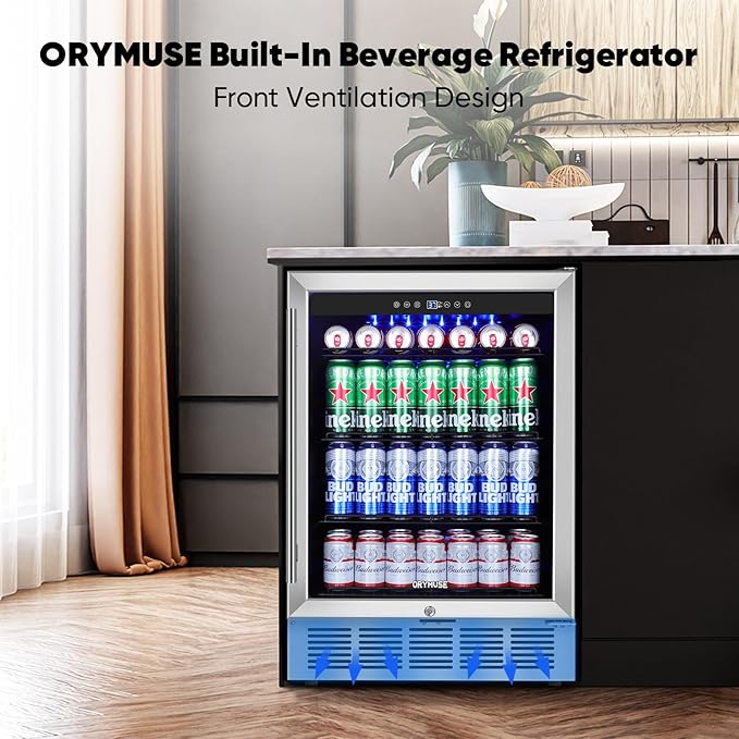 24" Beverage Refrigerator & Cooler, 180 Cans Under Counter Fridge with Lock, Glass Door & Powerful Cooling Compressor - Quiet, Built-in/Freestanding Drink Fridge-Ruum Studio Home