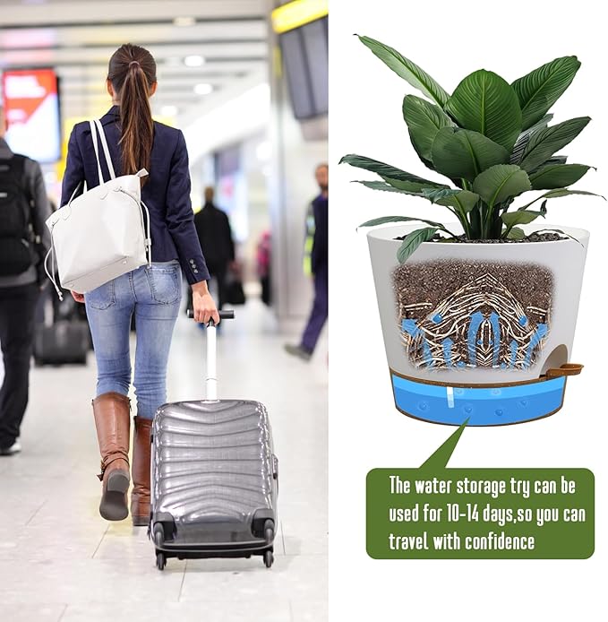 Self Watering Pots for Indoor Plants,12 inch Planters with Drainage Holes Plastic Flower Pots with Deep Reservoir, White with Brown-Ruum Studio Home