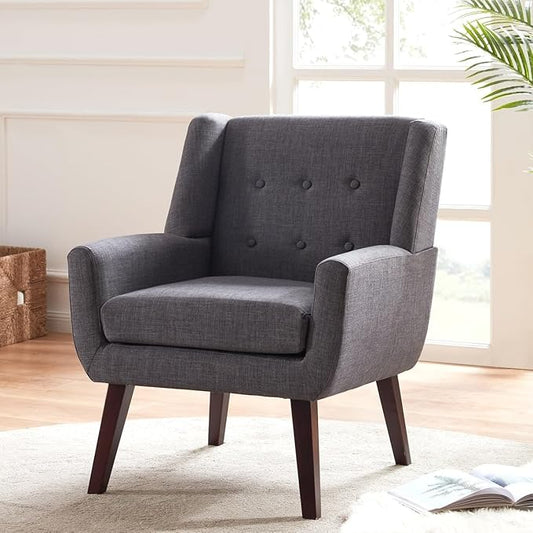 HUIMO Accent Chair Living Room Chair, Upholstered Button Tufted Armchair, Linen Fabric Sofa Chairs for Bedroom, Living Room, Mid Century Modern Comfy Reading Chair (Grey)-Ruum Studio Home