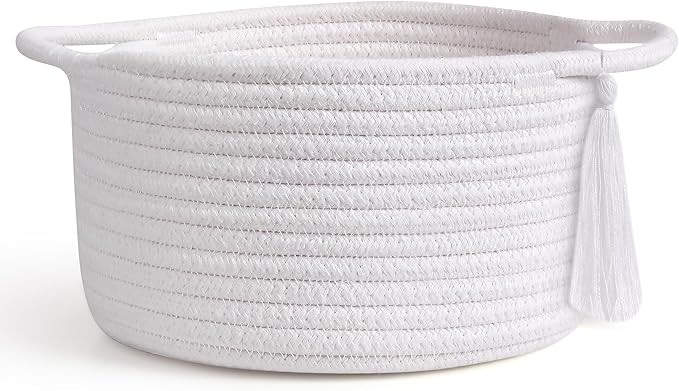Empty Gift Basket Mini Woven Rope Organizer Baskets for Baby Shower, Vanity, Makeup, Bathroom, Tiny Toys, Desk - Small Decorative Storage Bins - Set of 2, Pre-Shaped, White-Ruum Studio Home