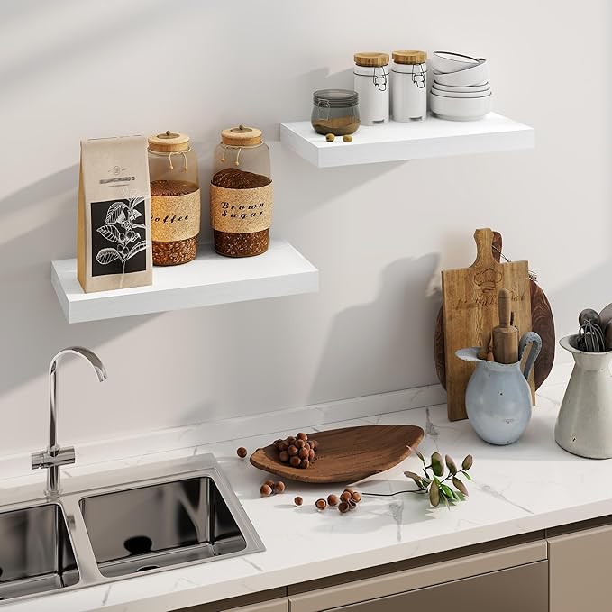 Fun Memories White Floating Shelves, 8 Inch Deep Wall Shelves Set of 2, Rustic Deep Shelves for Wall Storage, 24 x 8 Floating Shelves, 8" Deep White Shelves for Bedroom, Living Room, Kitchen-Ruum Studio Home