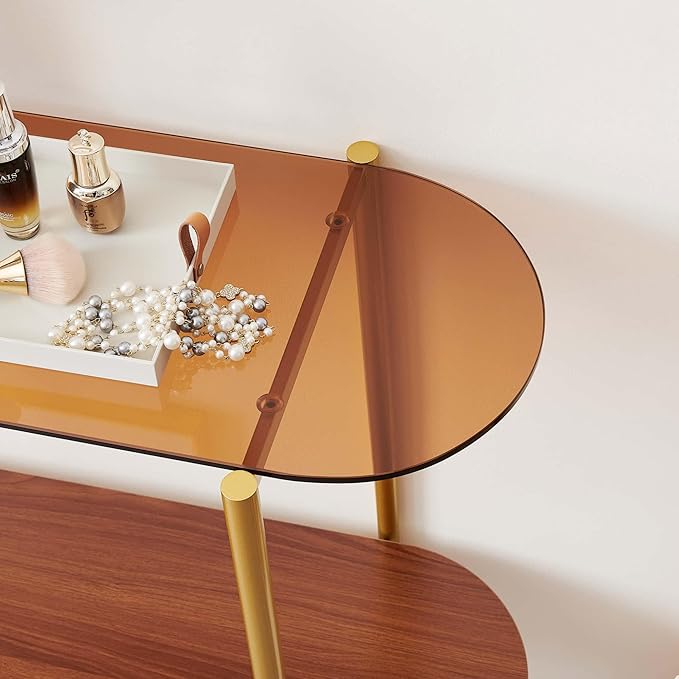 Oval Glass Console Table for Living Room, Foyer & Entrance, 2-Tiers Mid-Century Modern Sofa Table with Amber Glass Top, Walnut Finish Wood Top and Gold Finish Metal Frame-Ruum Studio Home
