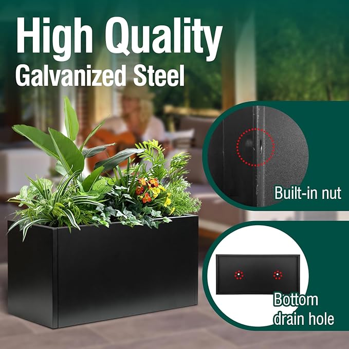 Galvanized Steel Metal Planter Rectangular Indoor Black Planter Box Large Outdoor Planters Steel 25" Lx 11" W x 13" H Commercial Residential for Patio, Deck, Garden-Ruum Studio Home
