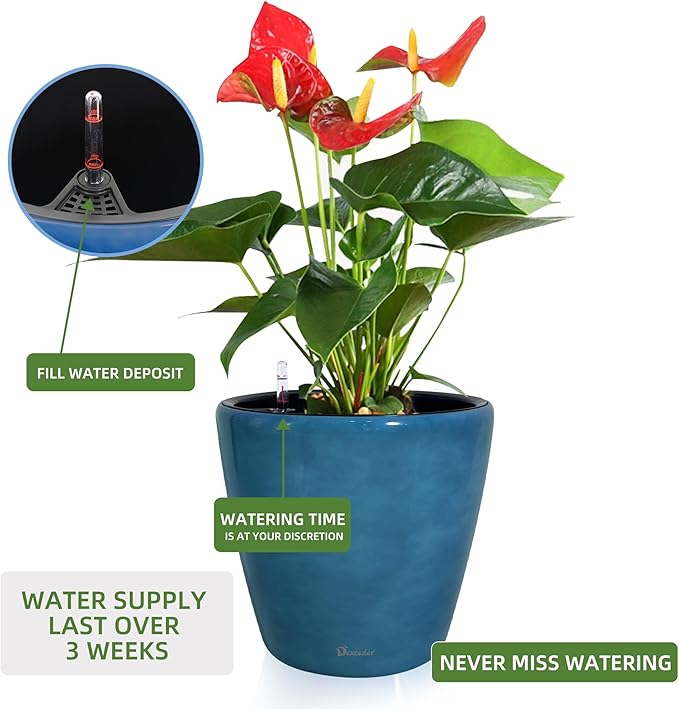 Dexceder 18x17 Self Watering Planter with Wheels Indoor Outdoor, Inner Pot Design, Thickened Large Floor Standing Flower Plant Pot with Water Level Indicator (Peacock Blue Gradient)-Ruum Studio Home