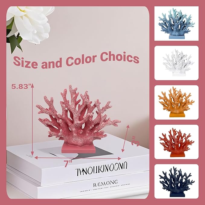 5.8" H Pink Coral Decor - Resin Coral Statue, Nautical Decor for Home, Bedroom, Bathroom, Living Room, Ocean Themed Cabinet Shelf Tabletop Decoration-Ruum Studio Home