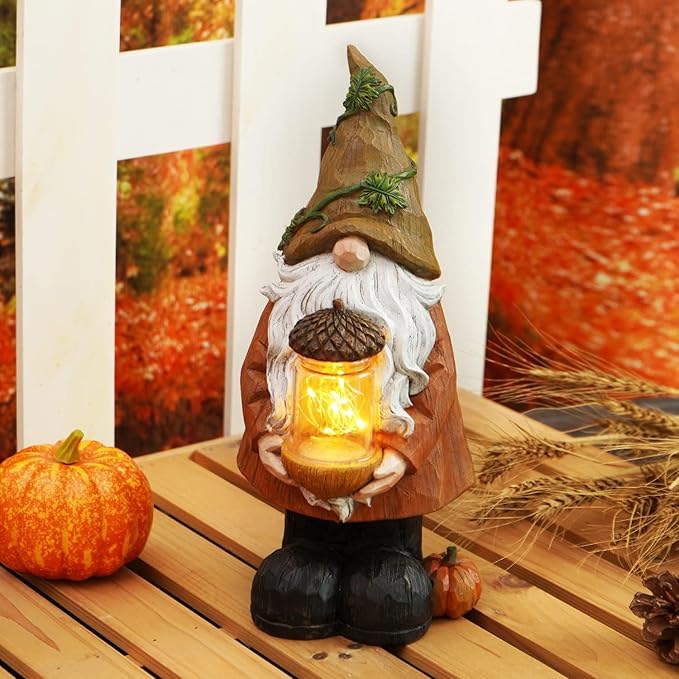 Topadorn Fall Garden Gnome Statue Light, Autumn Harvest Gnome Figurine with Pine Cone on Hand for Fall Harvest Party Thanks, Autumn Thanksgving Gifts for Famliy-Ruum Studio Home