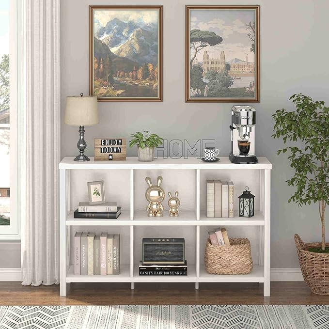 FATORRI 6 Cube Storage Organizer with Shelf, Long Wood and Metal Cubby Bookcase, Industrial Horizontal Bookshelf (White Oak, 47 Inch)-Ruum Studio Home