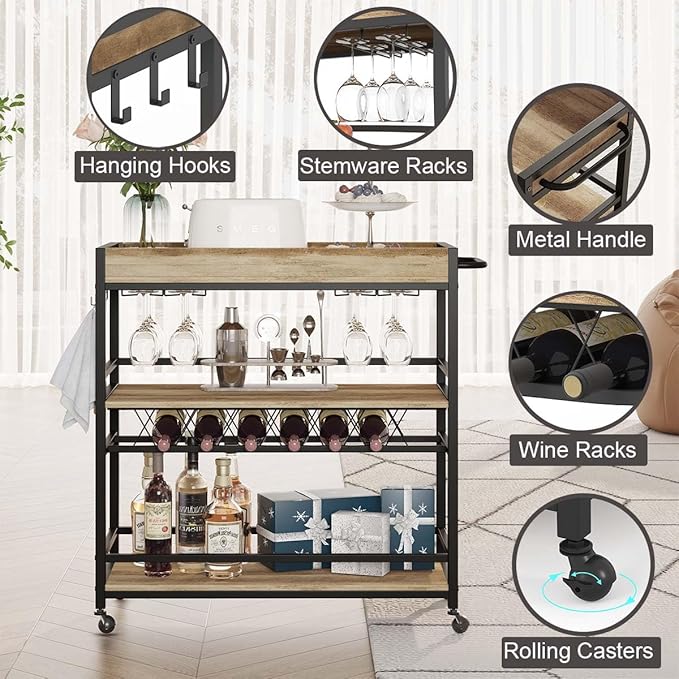 BON AUGURE Bar Cart for The Home, Bar Serving Carts on Wheels, 3 Tier Storage Drink Trolley, Rolling Wood and Metal Liquor Beverage Cart (Vintage Oak)-Ruum Studio Home