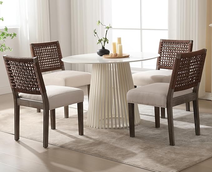 Kmax Farmhouse Dining Chairs Set of 2, Rustic Kitchen Chairs with Linen Fabric Seat and Woven Back, Vintage Accent Chairs for Dining Room, Living Room, Beige-Ruum Studio Home