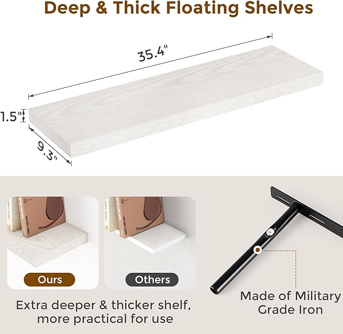 Fun Memories Rustic Wood Floating Shelves for Wall, 36 x 9 Wall Shelves Set of 2, Deep Floating Shelf for Kitchen, Living Room Storage & Display, Deep Wooden Bookshelf, Brich Color-Ruum Studio Home