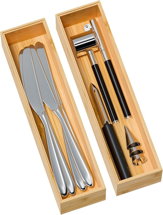 Kitchen Drawer Organizer Bins, Stackable Bamboo Deep Drawer Organizer for Silverware, Utensils, Cutlery, Flatware, Junk Drawer, Dresser, Bathroom, 12" x 3" x 2.5" (Set of 2)-Ruum Studio Home