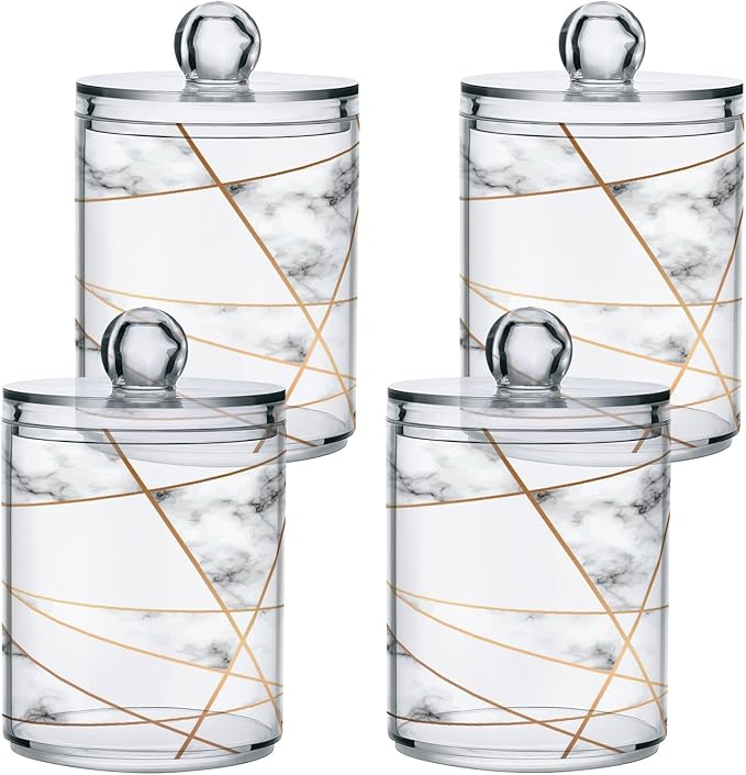 2 Pack Qtip Holder Dispenser White Marble Gold Line Bathroom Storage Canister Lid Acrylic Plastic Apothecary Jar Set Vanity Makeup Organizer for Cotton Swabs/Pads/Floss-Ruum Studio Home