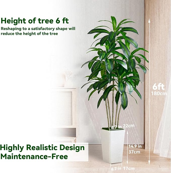 Artificial Dracaena Tree Artificial Silk Tree Faux Tree with White Tall Planter Fake Tropical Yucca Floor Plant (1, White Tall Planter, 6 FT)-Ruum Studio Home