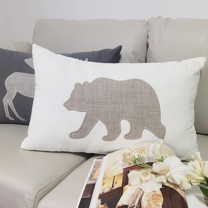 Bear Pillow Covers 12x20 Inches Decorative Cotton Linen Throw Lumbar Waist Embroidered Cushions Covers for Couch Sofa Bedroom (White)-Ruum Studio Home