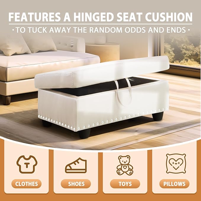 Ottoman Rectangular Storage Ottoman Bench, Faux Leather Footrest, Coffee Table, Stool Footstool with Hinged Lid for Living Room, Bedroom, Entryway, White, 28.5"x19"x17.5"-Ruum Studio Home