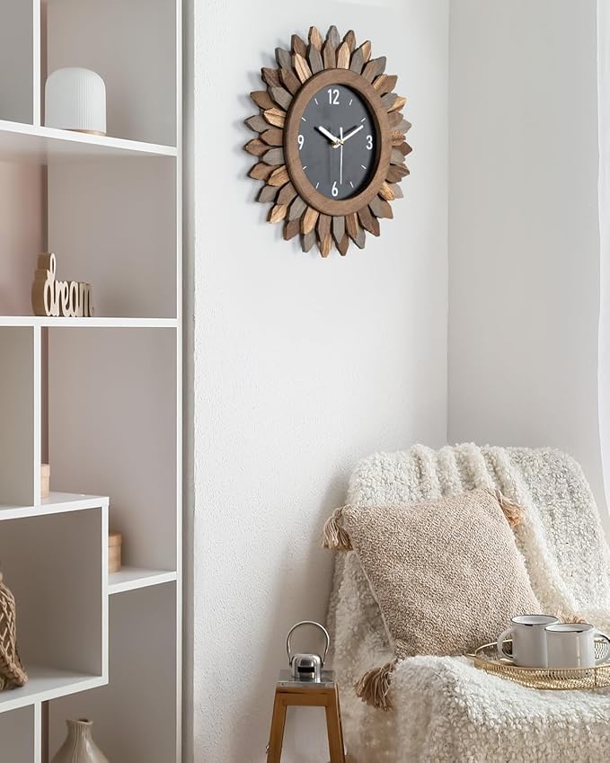 Honiway Wall Clock Battery Operated 12 in Rustic Wood Boho Sunburst Decorative Wall Clock Silent Non Ticking Farmhouse Small Wall Clocks for Living Room Kitchen Bathroom Bedroom Decor (Tricolor)-Ruum Studio Home