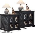 24" End Table Set of 2 with Charging Station, Farmhouse Night Stand with Glass Barn Door, Nightstands with Adjustable Storage Shelf, Large Wood Square Bed Side Table for Living Room,Bedroom-Ruum Studio Home