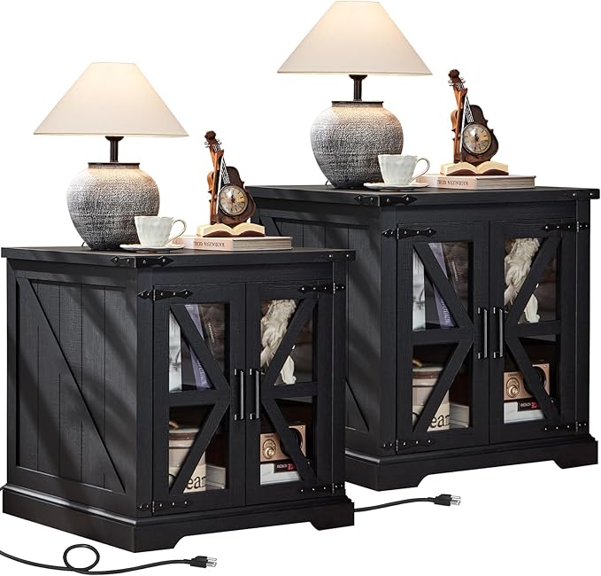 24" End Table Set of 2 with Charging Station, Farmhouse Night Stand with Glass Barn Door, Nightstands with Adjustable Storage Shelf, Large Wood Square Bed Side Table for Living Room,Bedroom-Ruum Studio Home