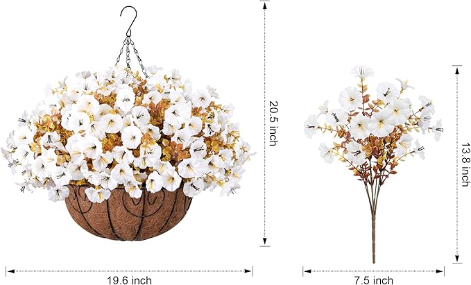 Artificial Fall Flowers Fake Hanging Plants Flowers Basket for Outdoors Autumn Decoration, Silk Morning Glory with Eucalyptus Look Real UV Resistant Faux Flowers for Outside Porch Patio Balcony, White-Ruum Studio Home
