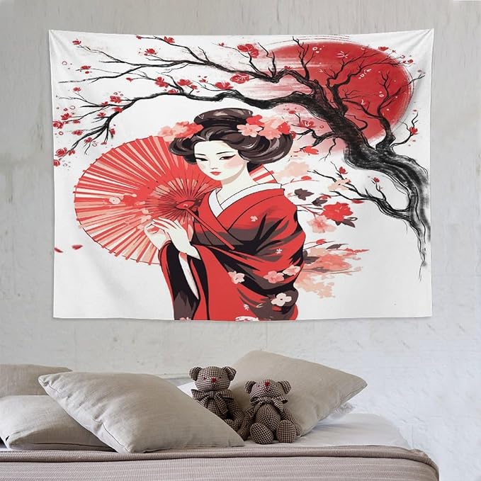 Japanese Red Geisha Tapestry Asian Cherry Blossom Traditional Kimono Folk Tapestries Home Decor for Living Room Bedroom Apartment Farmhouse Dorm 80"x60"-Ruum Studio Home