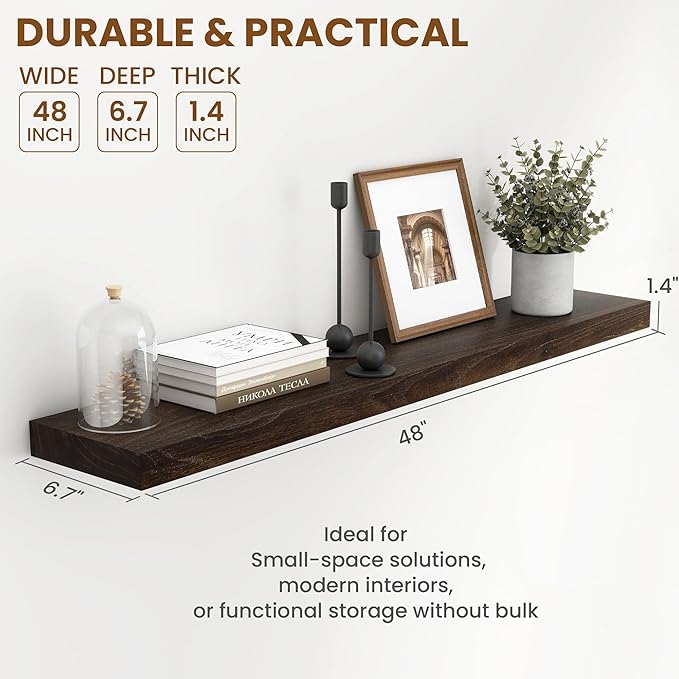Fun Memories Rustic Elm Wood Floating Shelves for Wall, 48" Floating Shelf Wall Mounted, Long Floating Disply Shelf with Heavy-Duty Bracket for Living Room, Kitchen, Bathroom, Walnut Color, Set of 1-Ruum Studio Home