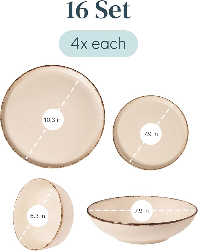 Earthenware dinnerware set 4 persons Rustic 16 pcs - Rustic design dinnerware set, dishwasher safe - Bowl and plate set - Pure Living dinnerware in beige…-Ruum Studio Home