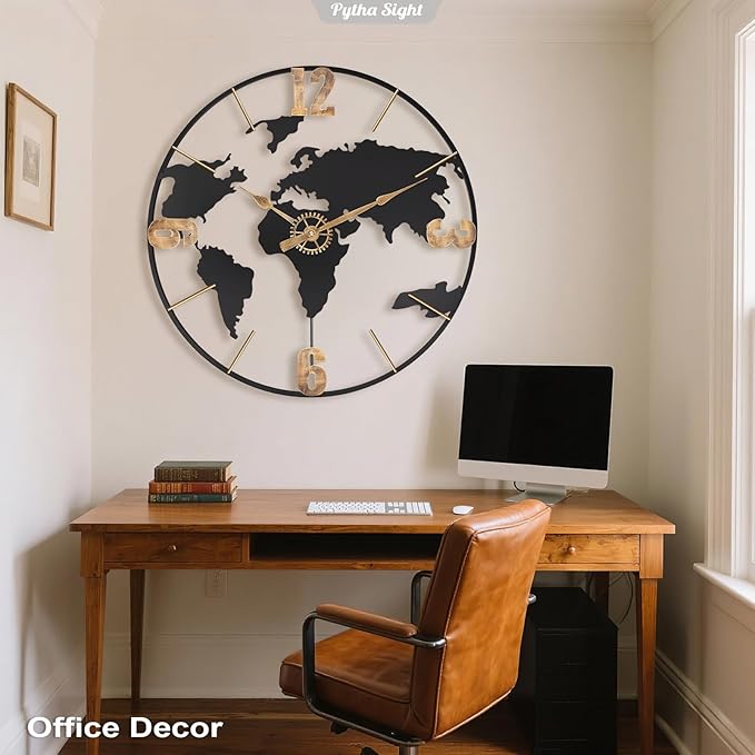 24 Inch Large Wall Clock,Modern Decorative Big World Map with Vintage Gold Arabic Numeral Extra Giant Metal Oversized Wall Clocks for Living Room,Office,Kitchen,Dining Room,Bedroom-Ruum Studio Home