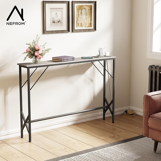 47.2'' Console Table, Skinny Entryway Table with Fast-Charging Station, Narrow Long Sofa Table, Behind Slim Couch Table for Entrance, Hallway, Living Room Decor ST-GY120-1-Ruum Studio Home