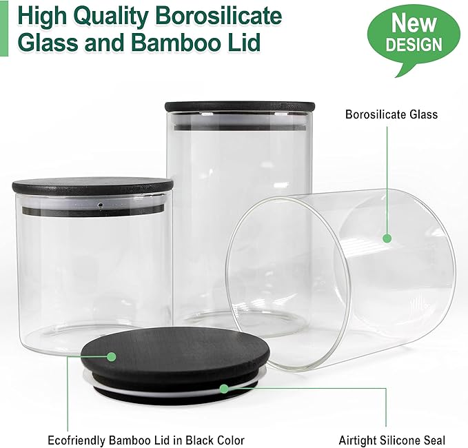Urban Green Glass Jars with Black Lids, Glass Food Storage Canister with black lids, Pantry Flour Jars, Large Size Food Storage Containers set (2 Sets of 100oz)-Ruum Studio Home