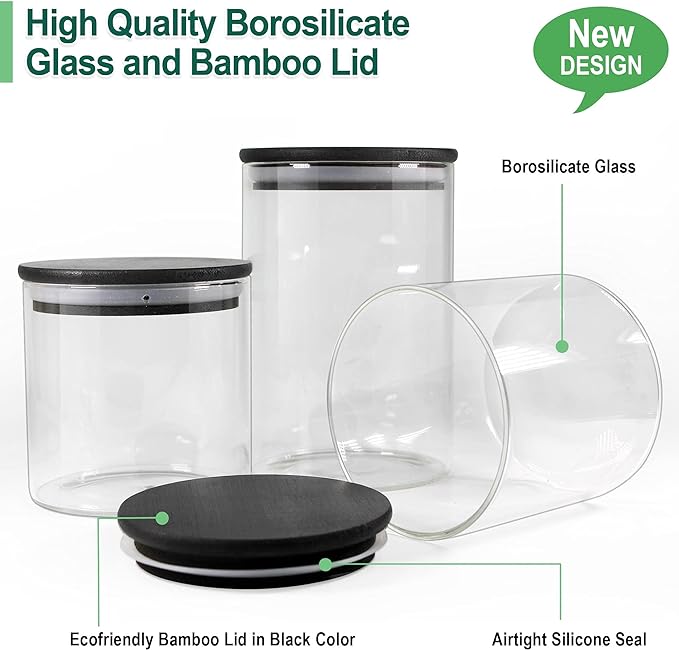 Urban Green Glass Jars with Black Bamboo Lids, Food Storage Containers with Airtight Black Lids, Glass Kitchen Canisters Sets (3 pack of 20oz + 3 pack of 30oz)-Ruum Studio Home