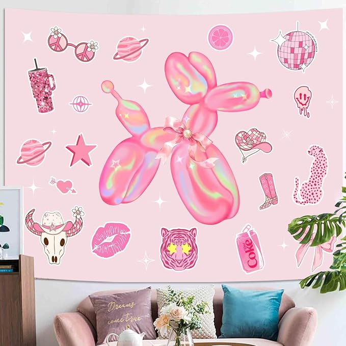 Lunerfex Y2K Tapestry Pink Dog Wall Tapestry, Cute Tapestries for Bedroom Funny Tapestries Wall Hanging for Bedroom Living Room Decor Pink-6 44"x60"-Ruum Studio Home