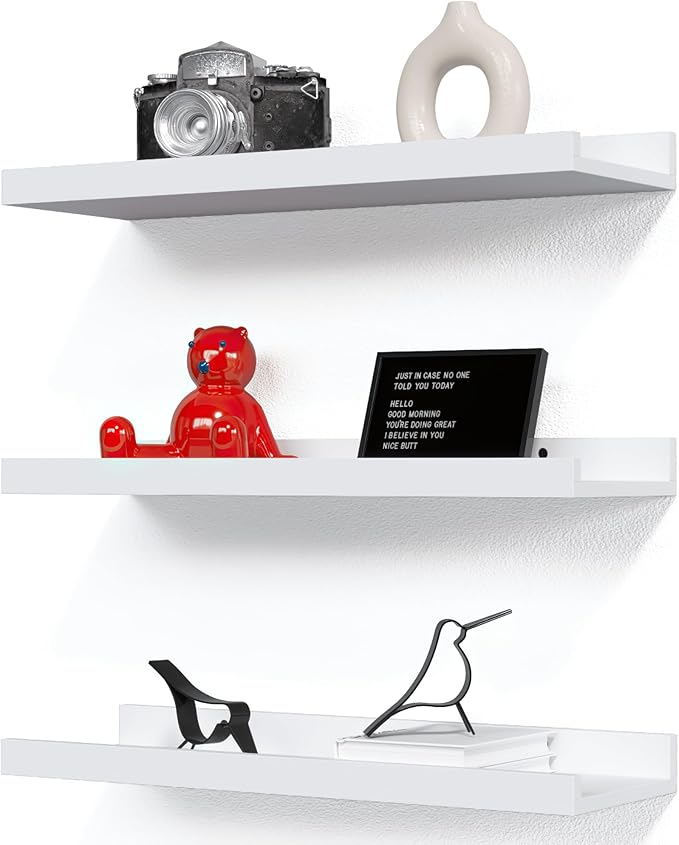 RICHER HOUSE 3 Set White Floating Shelves, Wall Mounted White Shelves for Wall Decor, Picture Ledge Shelf with Lip for Wall Storage Nursery, Bedroom, Living Room, Bathroom - White-Ruum Studio Home