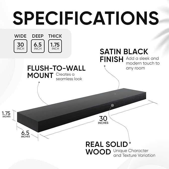 Homeforia Black Floating Shelves 30 inches Long, High End Solid Real Wood 30 inch Floating Shelf for Wall Mounted, Black Wooden 30in Floating Shelves, Heavy Duty Bracket, 30 X 6.5 X 1.75 in, Set of 2