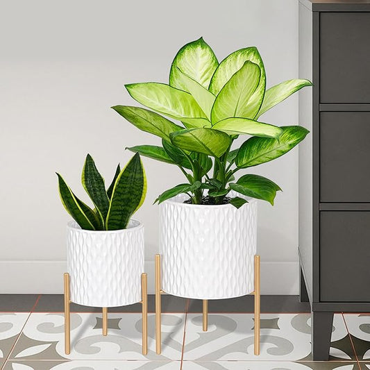 ARNIS Plants Pots with Stand, Set of 2 P lanters, Unique Mid Century Decorative Metal Flower Pots with Drainage, 8.25 & 10.5 Inch, White and Gold-Ruum Studio Home