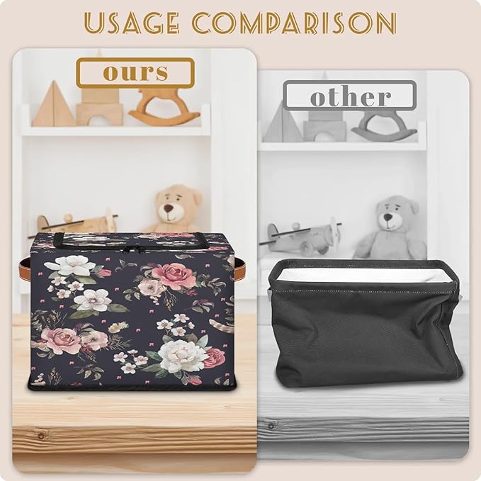 Rectangular Storage Baskets for Shelves - Waterproof Foldable Laundry Basket, Nursery Hamper, Reusable Toy Bin for Organizing Toys, Books, Clothes, Closet 14"x10.2" x10.4" (Flowers)-Ruum Studio Home