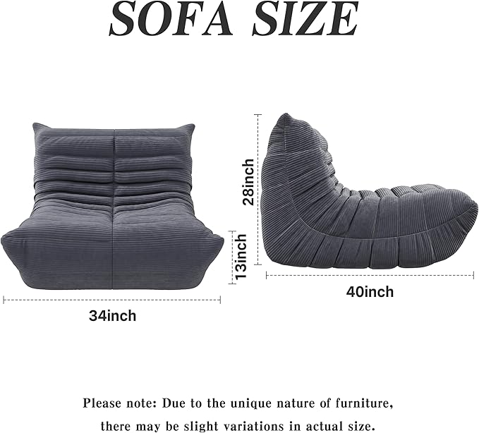 Bean Bag Chair, Lazy Floor Sofa Couch for Adults and Kids, Fireside Chair with Ergonomic Design, Memory Foam Lounge Chair for Living Room Bedroom, Office, Grey-Ruum Studio Home