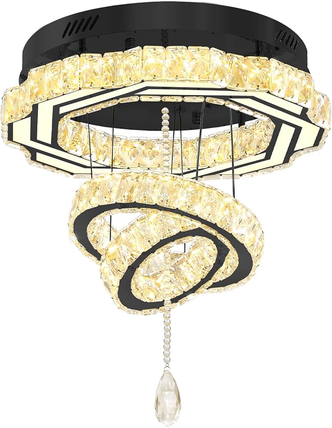 Flashing God Dia 20" Modern Chandeliers for Dining Room Black Flush Mount Ceiling Chandeliers LED Dimmable Pendant Lighting Crystal Ceiling Light Fixture for Living Room Bedroom Hallway 2700K-6000K-Ruum Studio Home