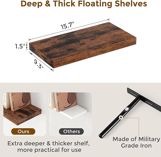 Fun Memories 16 Floating Shelves, 9 Inch Deep Wall Shelf for Bathroom, Rustic 16 x 9 Floating Shelf for Kitchen, Bedroom, Wide Wooden Shelves Wall-Mounted, Rustic Brown Color, Set of 2-Ruum Studio Home