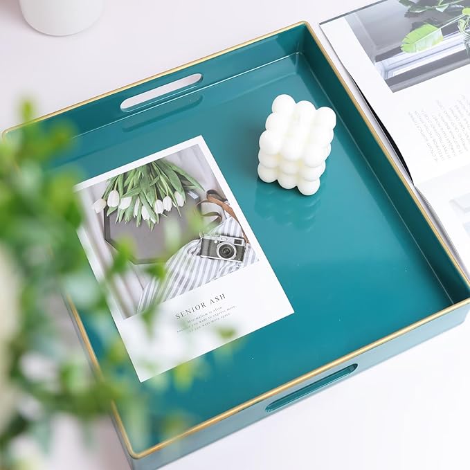 Spsyrine Green Decorative Serving Tray with Handles, 13" X 13" Square Plastic Coffee Table Tray for Ottoman, Living Room, Bathroom, Home Decor.-Ruum Studio Home