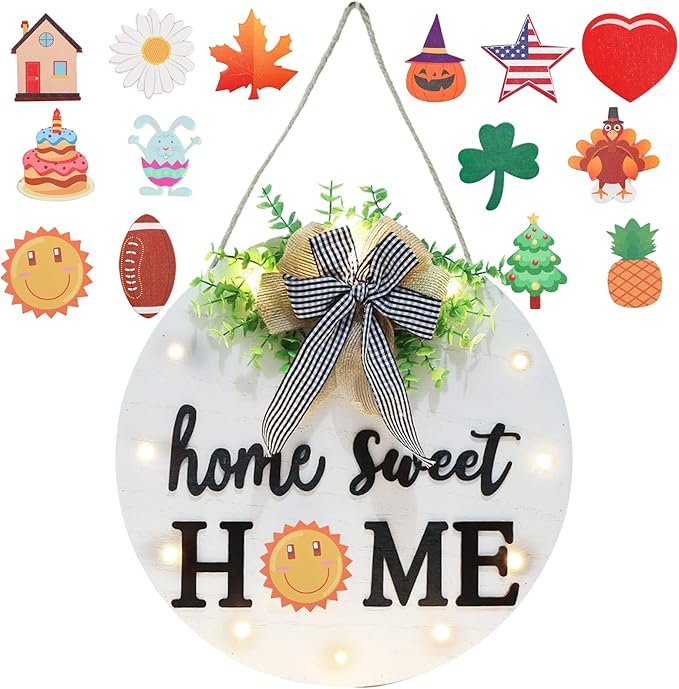 Interchangeable Welcome Sign for Front Door with 14 Changeable Icons, Farmhouse Front Porch Decor Rustic Wooden Wall Sign with 12 LED Lights, Outdoor Seasonal Welcome Home Decorations (White1)-Ruum Studio Home
