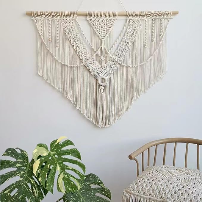 guzhiou large macrame wall hanging - Boho Tapestry Macrame Wall Decor Art- Chic Bohemian Handmade Woven Tapestry Home Decoration for Bedroom Living Room Apartment Wedding Party - 43"x32" (Beige-A)-Ruum Studio Home