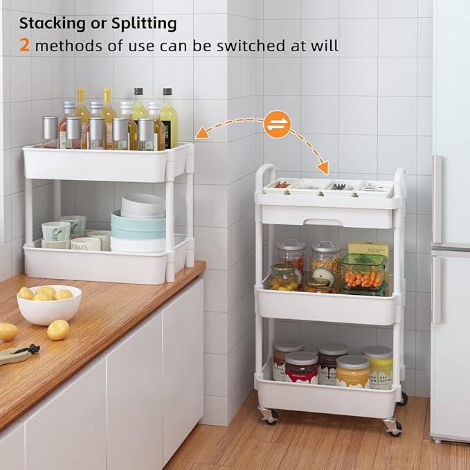 Calmootey 3-Tier Rolling Utility Cart with Drawer,Multifunctional Storage Organizer with Plastic Shelf & Metal Wheels,Storage Cart for Kitchen,Bathroom,Living Room,Office,White-Ruum Studio Home