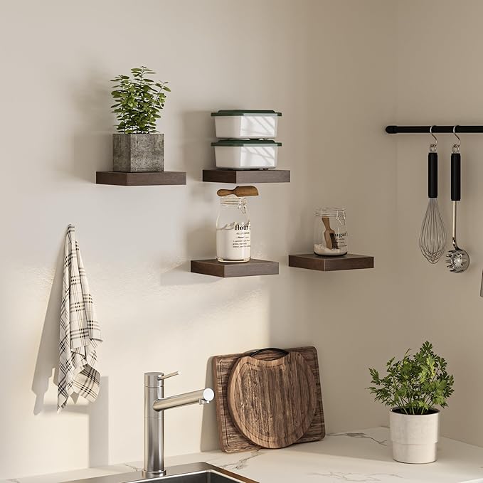 Square Floating Shelves for Wall, 8" W x 8" D x 1.2" H, Small Wooden Wall Mounted Display Shelves with Invisible Brackets for Living Room, Bedroom, Bathroom, Kitchen Decor, Set of 4, Walnut-Ruum Studio Home