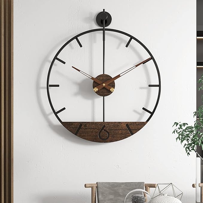 Modern Wood Walnut Dial Wall Clock, Large Simple Wall Decor Metal Frame Silent Non Ticking Clock for Living Room Decor, Kitchen, Bedroom, Study Decoration, Handmade Home Gift Idea, 26.4 in-Ruum Studio Home
