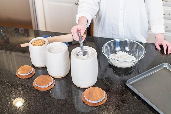 Nat & Jules Lidded Cream 6 inch Ceramic and Wood Kitchen Canisters Set of 3-Ruum Studio Home
