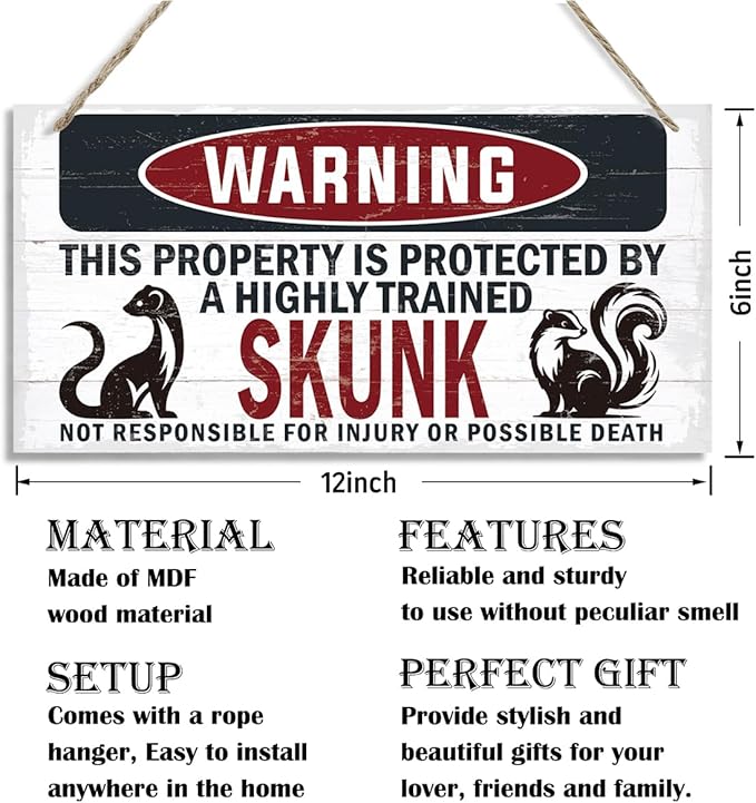 Warning Sign, Skunk Warning Wood Plaque Sign, Funny Door Signs, Decorative Wood Hanging Suspension Plaque, Farmhouse Wooden Wall Decor, Outdoor Hanging Wooden Signs-Ruum Studio Home